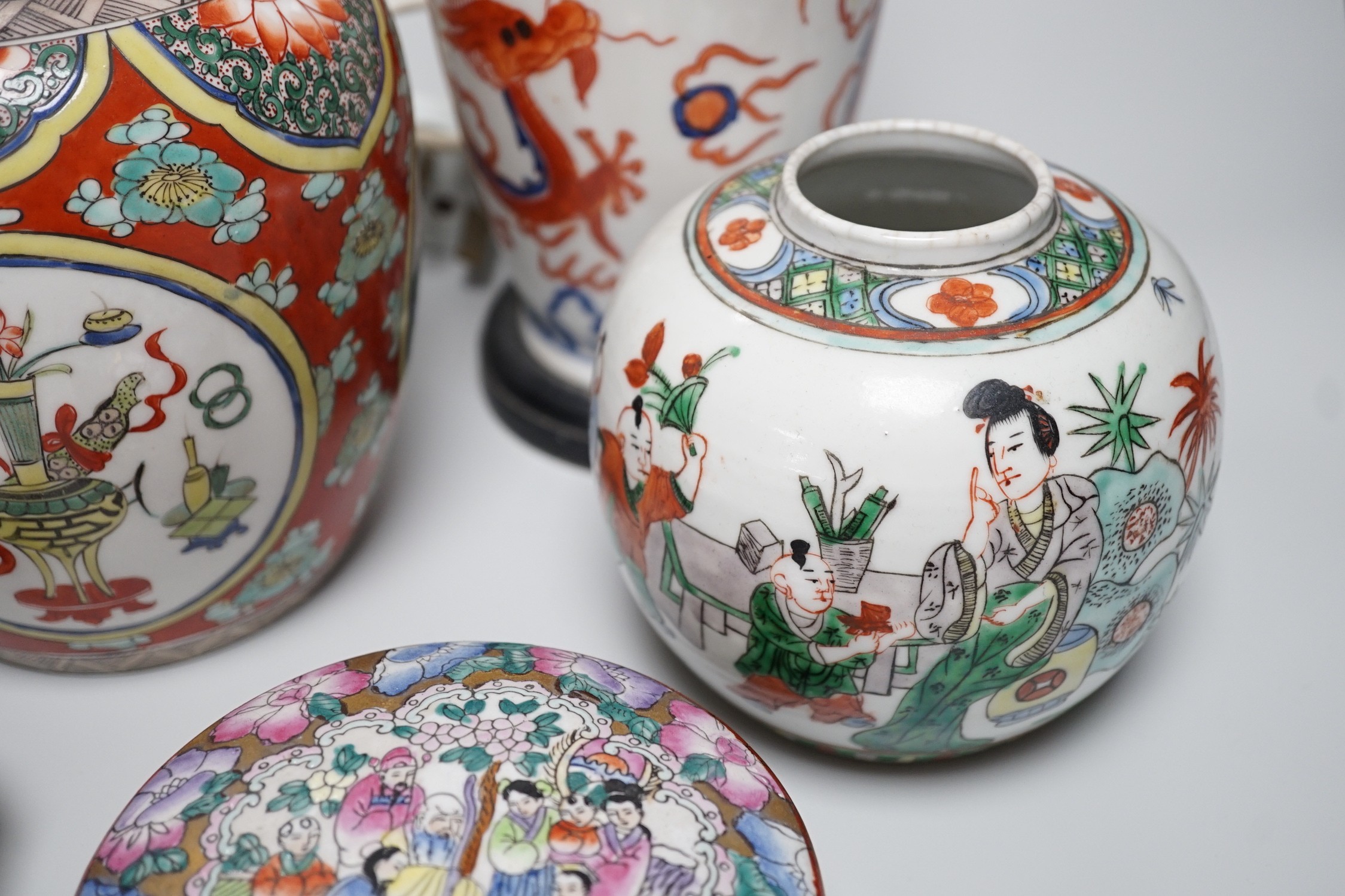 A group of Chinese famille rose jars, Paris porcelain lamps etc - tallest 34.5cm